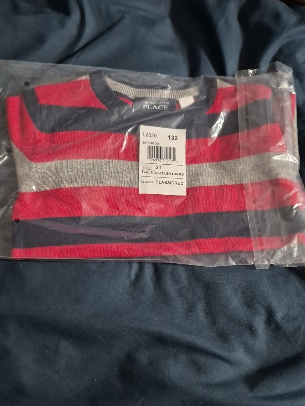 The Children's Place Red, Gray & Navy Striped Crewneck Sweater